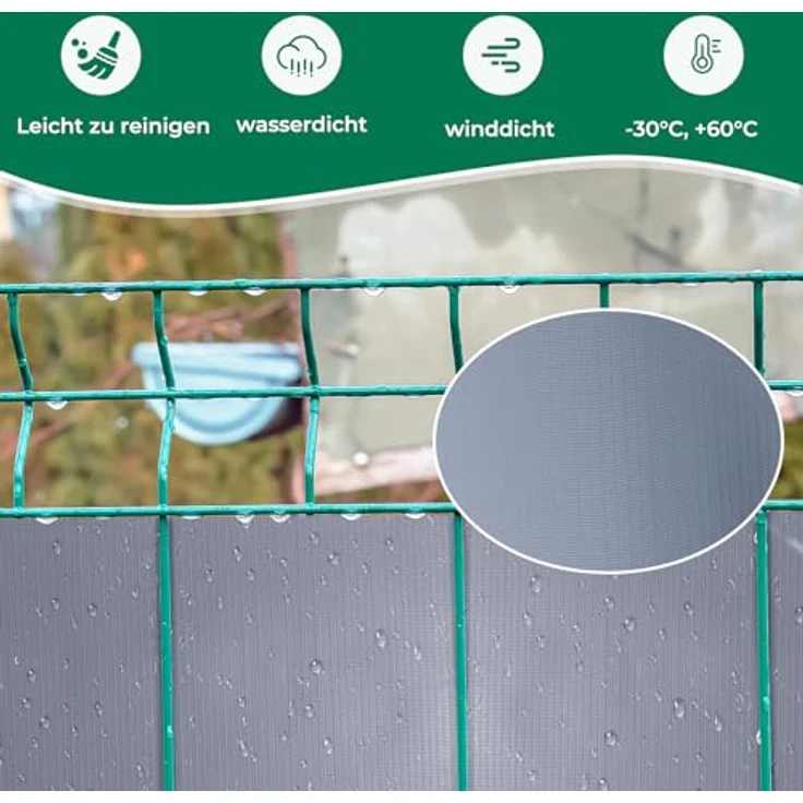 Intergo PVC Sichtschutzstreifen 70m Rolle Grau, UV-beständig & reflexionsarm inkl. Befestigungsclips Gartensichtschutz – Bild 3