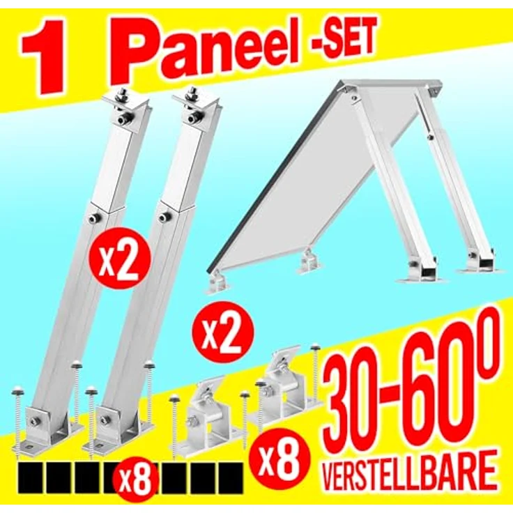Firend Aufständerung Solarmodul Halterung Balkonkraftwerk Flachdach PV VERSTELB 15-60° (1 Panel SET 30°-60°), verstellbare Länge 700-1160 mm, Aluminium AL6005-T5, Winkel 30-60°, schwarz – Bild 2