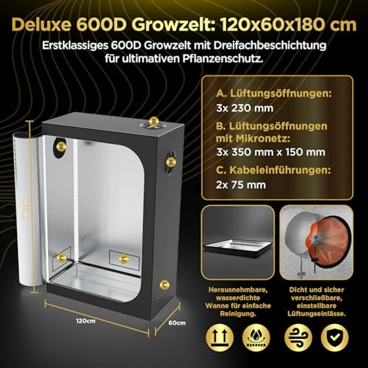 THE HOOKAH Gewächshaus Deluxe D600 Growzelt mit Sichtfenster, 150x150x200 cm, weiß – Bild 4