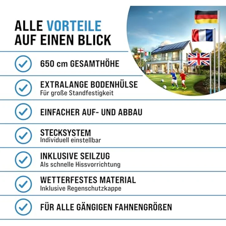 monzana Aluminium Fahnenmast 6,50m, Teleskop mit Seilzug und Flagge 150x90cm, wetterfest, inkl. Bodenhülse und Schutzkappe – Bild 8