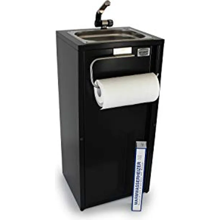 ad-ideen Mobiles Handwaschbecken mit Warmwasser, Edelstahlspüle 325 x 265 mm, Dunkel Anthrazit, Automatikwasserhahn und Papierrollenhalter