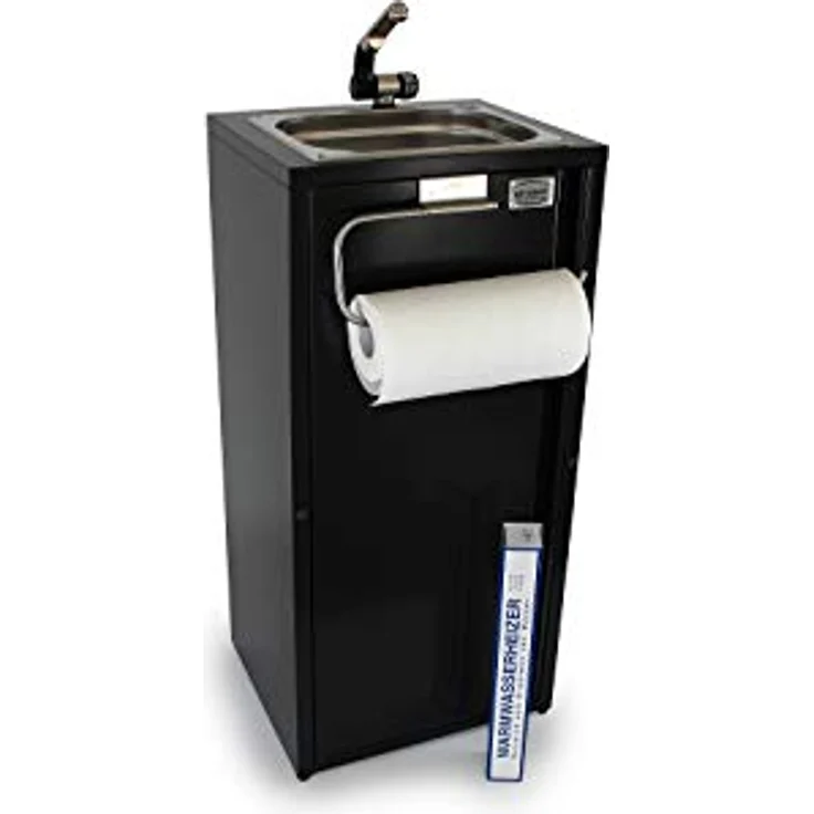 ad-ideen Mobiles Handwaschbecken mit Warmwasser, Edelstahlspüle 325 x 265 mm, Dunkel Anthrazit, Automatikwasserhahn und Papierrollenhalter – Bild 1