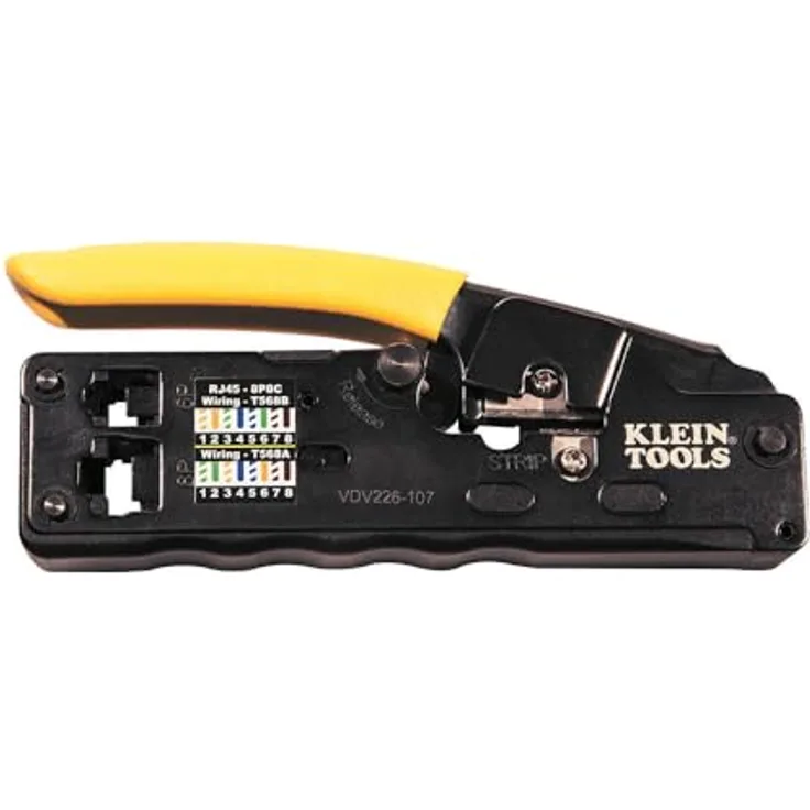 KLEIN TOOLS Datenkabel-Crimpwerkzeug/-Abisolierwerkzeug/-Schneider mit Ratsche, Kompakt für CAT6, CAT5e, CAT3 und Flat-Satin-Telefonkabel