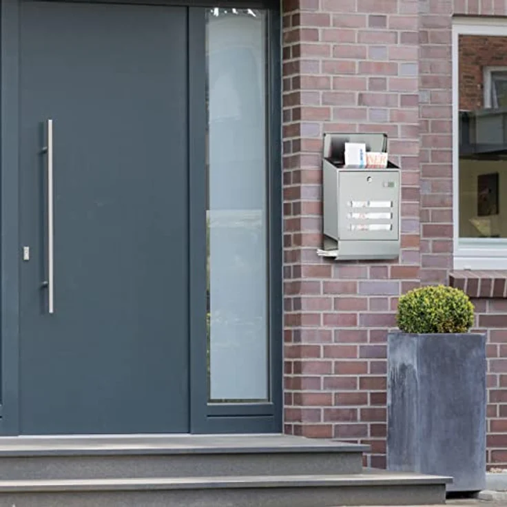 Relaxdays Briefkasten Edelstahl mit Zeitungsfach, Namensschild, HxBxT: 42 x 35 x 12,5 cm, Postkasten, Design, silber – Bild 2