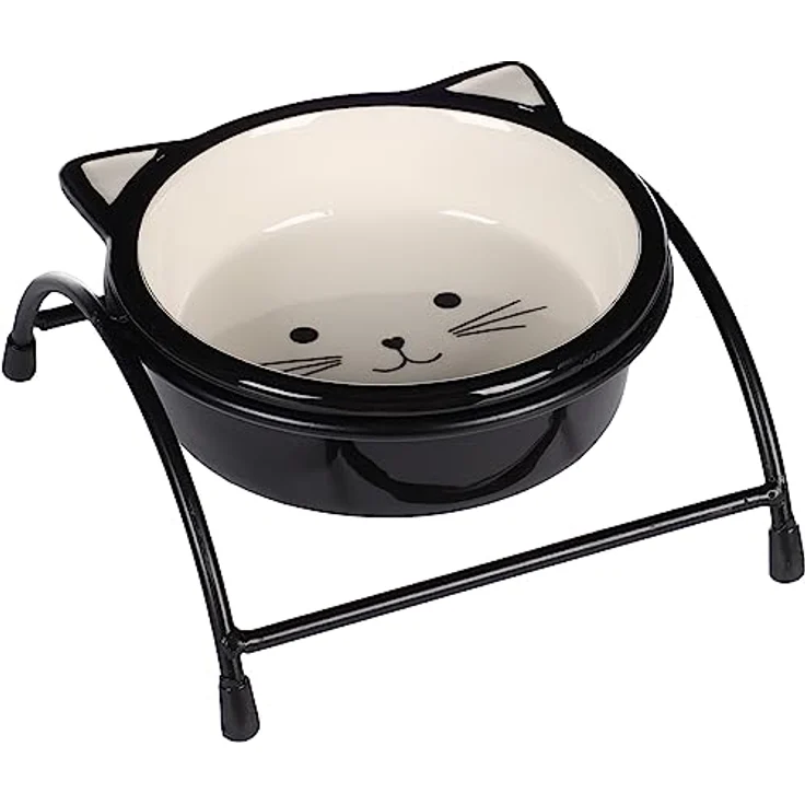 Flamingo Fress- und Trinknapf Ansu, 250ml, hochwertige Keramik, spülmaschinenfest, langlebig, Schwarz-Weiß, mit Ständer für Katzen – Bild 1