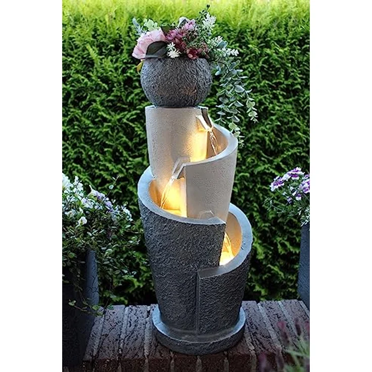Arnusa Gartenbrunnen mit LED Beleuchtung 66 cm mit Dekobecken Springbrunnen Wasserspiel Zimmerbrunnen für Innen und Außen warmweiß, Grau, Beige – Bild 5