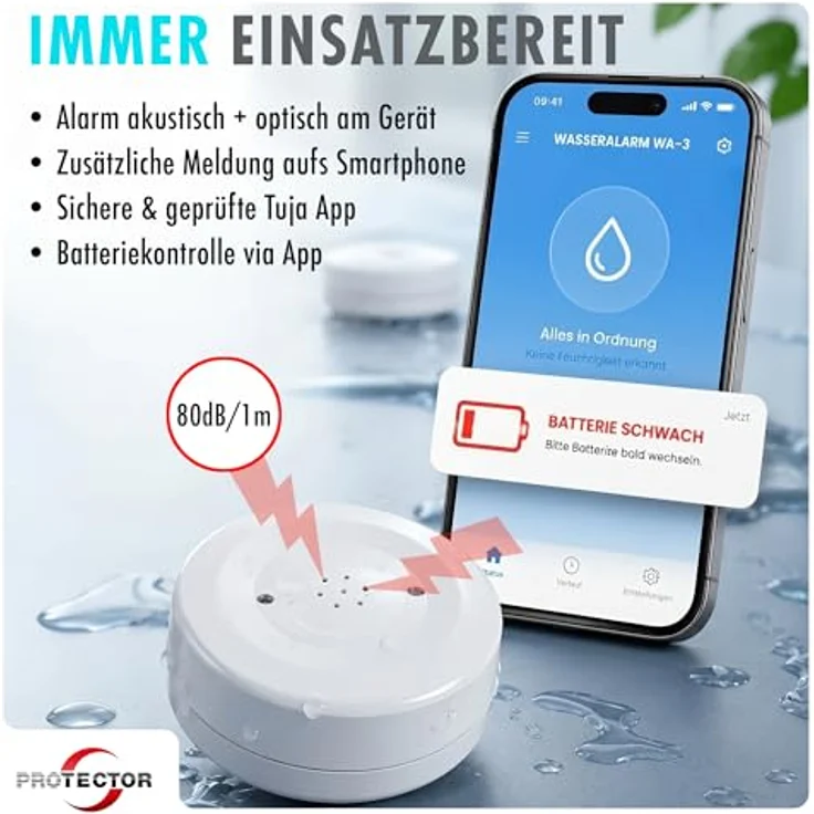 PROTECTOR Wasseralarm WA-3 WiFi, kompakter Wassermelder mit App-Benachrichtigung, detektiert Fuß- und Tropfwasser, batteriebetrieben – Bild 5