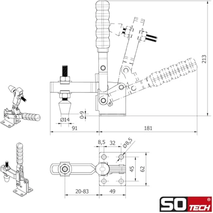 SO-TECH Kniehebelspanner Kniehebelklemme, Haltekraft bis 340 kg, verzinkt, 4 Stück, rot – Bild 7