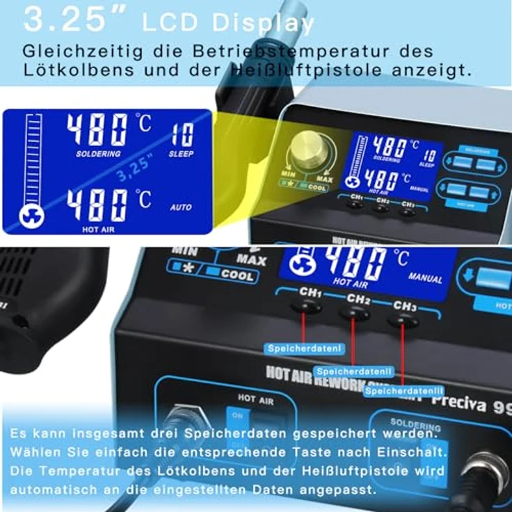 Preciva 992D+ Heißluftlötstation, 750W Profi 2 in 1 Entlötstation mit temperaturgeregeltem Lötkolben (200-480°C) und Heißluftfunktion (100-480°C), 3 Speicherplätze, LCD-Displays – Bild 3