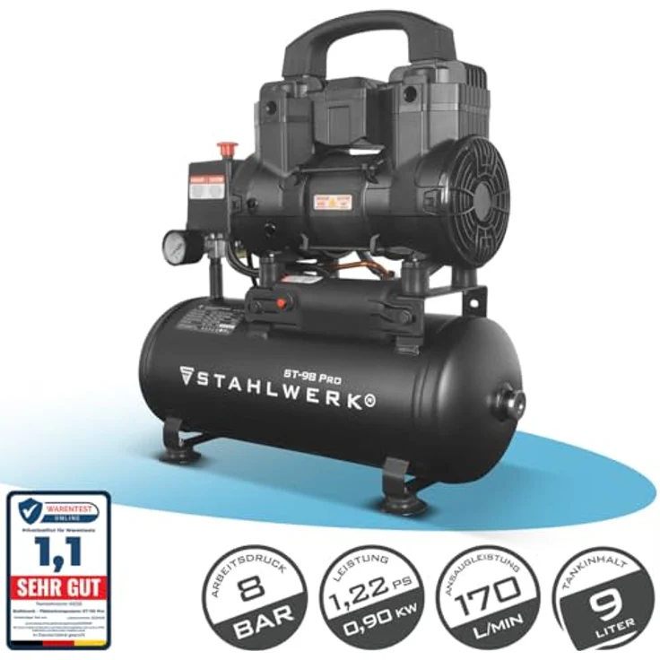 STAHLWERK Kompressor ST-98 Pro, ölfreier Druckluftkompressor mit 8 bar, 9 L Kessel, 170 l/min Durchfluss, 1,22 PS, leise mit 65 dB – Bild 2