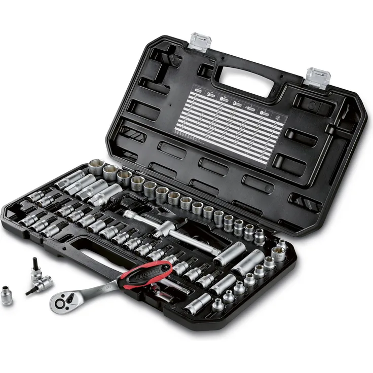 PARKSIDE® Steckschlüsselsatz »PSSS 65 A1«, 3/8 Zoll, 65-teilig aus Chrom-Vanadium-Stahl mit Ratsche und Schnelllösefunktion