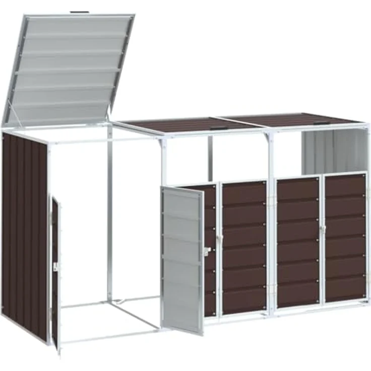 vidaXL Mülltonnenschuppen mit 3 Behältern, Stahl, braun, 216 x 81 x 115 cm, für den Außenbereich, mit praktischem Deckelmechanismus und guter Belüftung – Bild 4