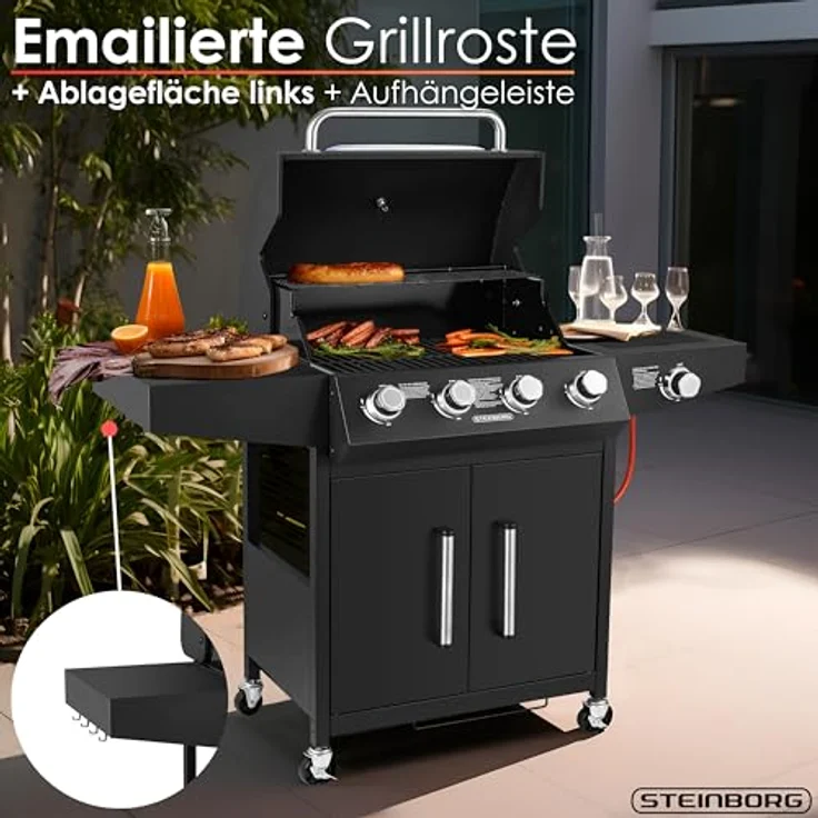 Steinborg Gasgrill "Chef de Cuisine" 4 Brenner mit Seitenbrenner, beleuchtete Drehknöpfe, emailliertes Grillrost, Gasbetrieb, Propangasgrill – Bild 4