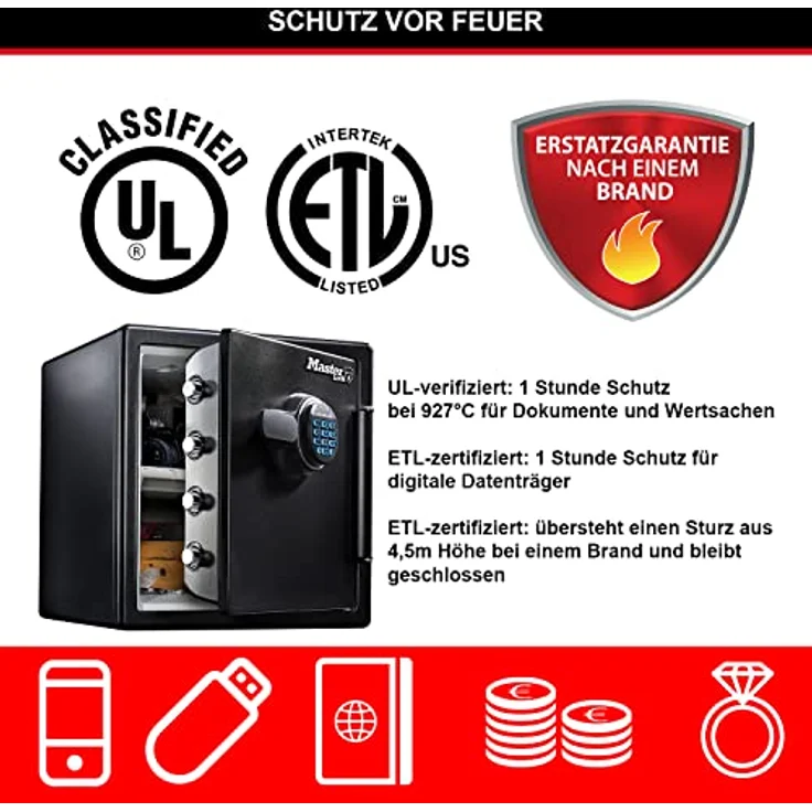 MASTER LOCK Tresor [Feuer- und Wasserfest] [33,6 L] [elektronische Kombination] LFW123FTC Für Ausweise, A4-Dokumente, Laptop, Schmuck – Bild 3