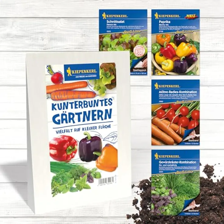 Kiepenkerl Gemüsesamen-Set 'Kunterbuntes Gärtnern', inklusive Saatteppiche und Saatbänder für Balkongärten, bunte Paprika-Mischung, Möhren- und Radieschen-Kombination, Kräuter-Saatband