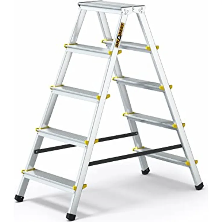 DRABEST Alu Leiter Klappbar Beidseitig Trittleiter 2x5 Stufen Klappleiter bis 150 kg Belastbar Klapptritt TÜV Zertifiziert