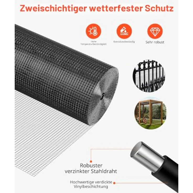 VEVOR Gartenzaun, 152 cm x 15,24 m, verzinkter Maschendraht-Zaun mit 1,27 x 1,27 cm Maschenbreite, geschweißt, vinylbeschichtet in Schwarz für Kaninchen und Geflügel – Bild 4