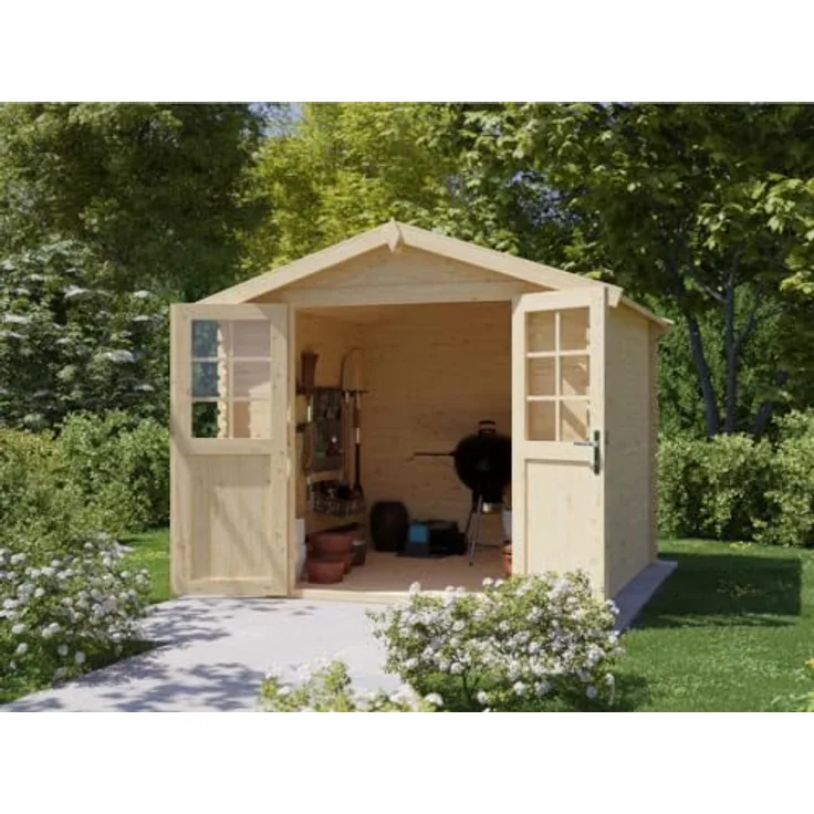 Woodtex Gartenhaus Blockbohlenhaus CA2871, 28 mm naturbelassen, Doppeltür mit Echtglas, BxT: 260x248 cm