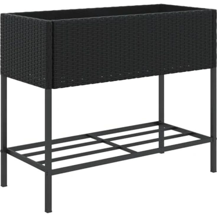 vidaXL Pflanzkübel mit Ablage Schwarz Poly Rattan, langlebiges PE-Rattan und stabiles Stahlgestell – Bild 1