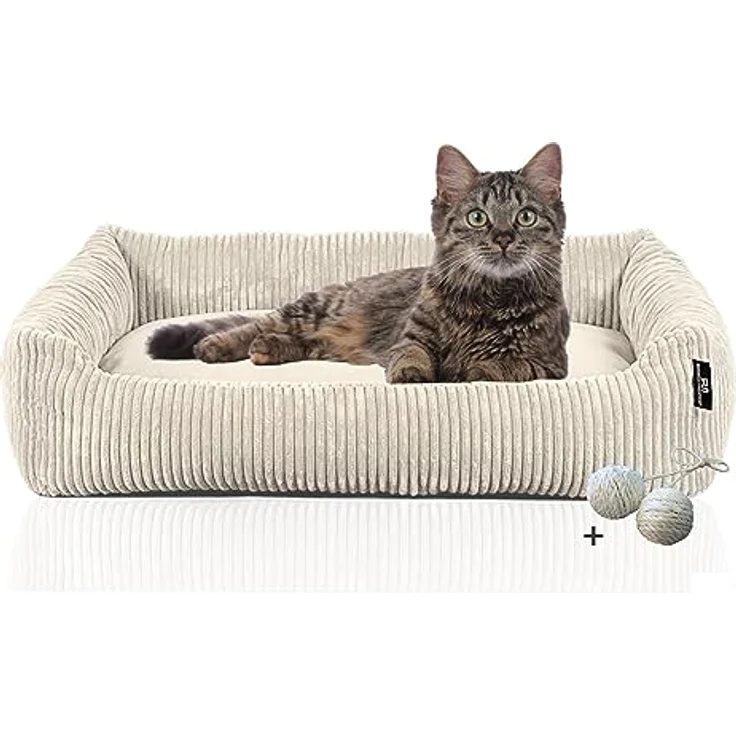 Rohrschneider Katzenbett Cordstoff mit Spielkugelset (Beige, breiter Cordstoff) – Bild 1