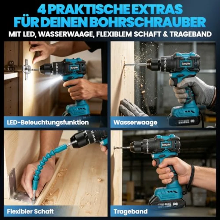 Bundviel Akku-Schlagbohrschrauber Set, 21V bürstenloser Motor mit 65 Nm, 2x 2000mAh Akkus, 25+3 Drehmomentstufen, 10-mm Schnellspannbohrfutter, 29-teiliges Zubehör – Bild 7