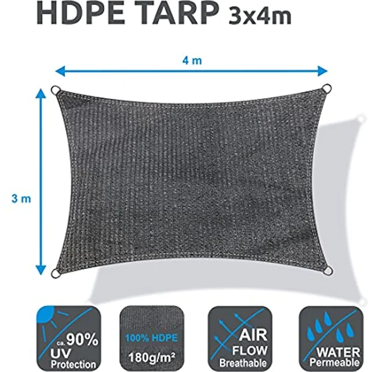 yourGEAR Sonnensegel HDPE Tarp in 7 Größen 2,5 x 2,5 | 4 | 5m, 3 x 3 | 4 | 5m, 4 x 5m Haus-Markise rechteckiger o. quadratischer UV Sonnenschutz Wind- und wasserdurchlässig grau [3x4m] – Bild 2