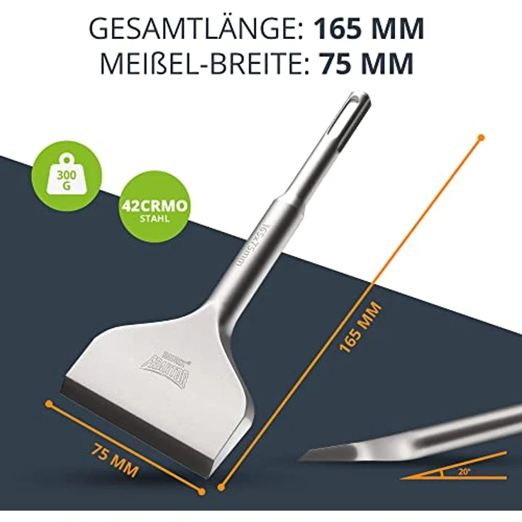 BAURIX® Fliesenmeißel SDS Plus 165x75 mm – Abgewinkelter Flachmeißel aus 42CrMo-Stahl mit bruchsicherem Schaft für müheloses Entfernen von Fliesen und Fliesenkleber – Bild 5