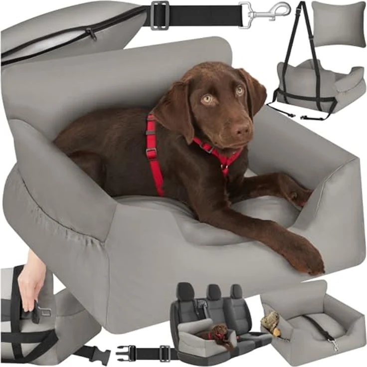 tectake® Hundesitz, Autositz für Hunde, Hunde Autositz für Rückbank, Beifahrer oder Rücksitz, Reisebett Hund, mit Hundegurt, Sitzerhöhung mit Hundeanschnaller, Hundebett mit Anschnaller - grau – Bild 1