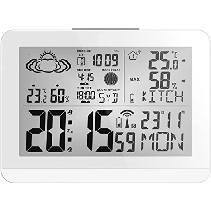 Miraval Funk-Wetterstation mit Aussensensor, Hygrometer, Mondphase, Sonnenaufgang/-untergang, 2 Alarme, Wettervorhersage, weiß – Bild 5