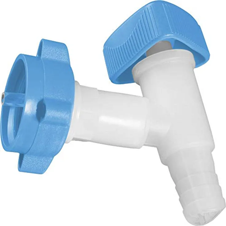 Hünersdorff Auslaufhahn HD-PE, Profi mit Schraubverschluss und Tüllenanschluss Innen-D.15mm, bruchsicher, chemikalienbeständig, blaue Gewindeverschraubung S38