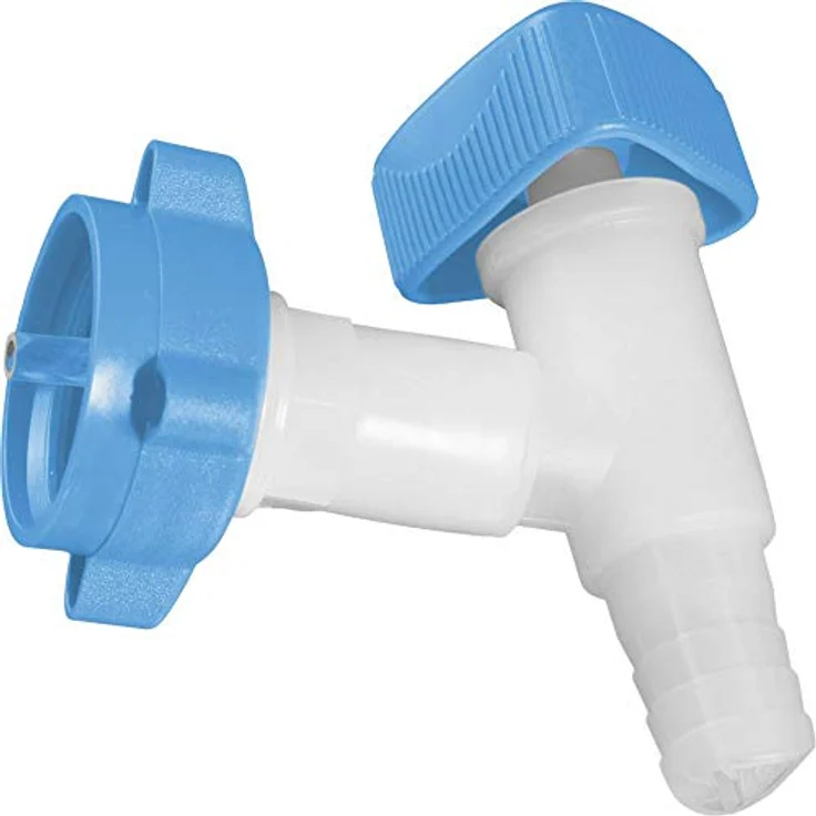 Hünersdorff Auslaufhahn HD-PE, Profi mit Schraubverschluss und Tüllenanschluss Innen-D.15mm, bruchsicher, chemikalienbeständig, blaue Gewindeverschraubung S38