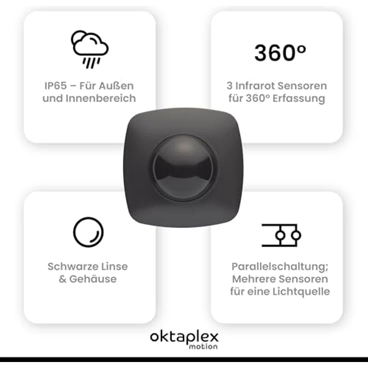 Oktaplex motion Oktaplex Tim Präsenzmelder 360° Bewegungsmelder für Aussen IP65 PIR-Bewegungssensor anthrazit 230V, Wetterfester Bewegungssensor mit Ø20m Erfassungsbereich – Bild 2