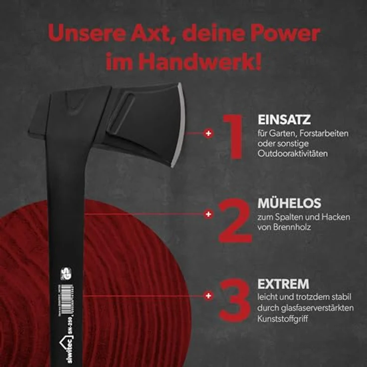 siwitec Axt SN-250 inkl. Klingenschutz, Spaltaxt mit 250 Gramm Kopfgewicht, Axt zum Holz spalten mit glasfaserverstärktem Kunststoff-Stiel und C45 Carbon Klinge, Spalthammer – Bild 3