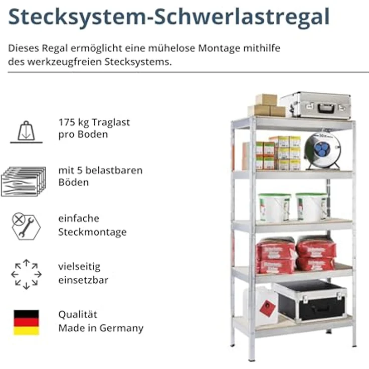 Schulte Regalwelt Schwerlastregal mit 5 Holzböden, 180x90x40cm Regalsystem, Steckregal mit einfacher Montage ohne Verschrauben, Traglast je Boden bis zu 250 Kg (bis zu 1250 Kg Gesamttraglast) – Bild 3
