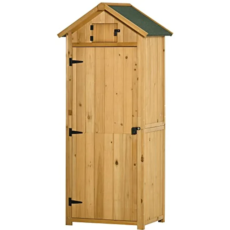 Outsunny Gartenschrank Gartenhaus Gerätehaus Geräteschuppen mit Fachböden Asphaltdach Fenster Holz Gelb+Grün 77 x 54,2 x 179 cm
