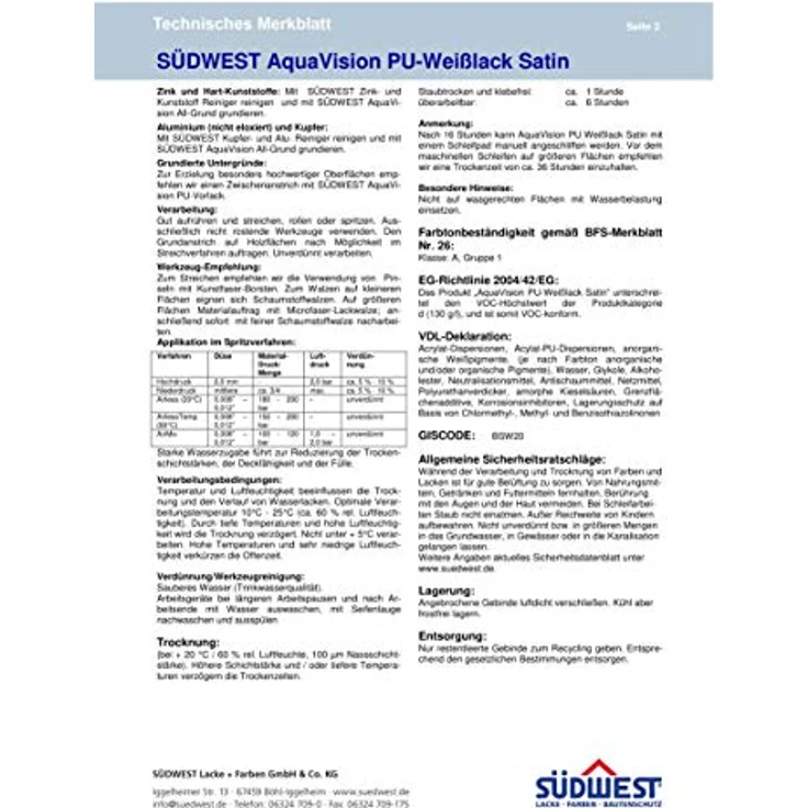 Südwest AquaVision PU-Weißlack Satin 2,5 Liter – Bild 3