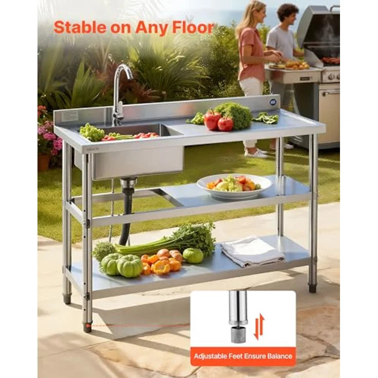 VEVOR Edelstahl Spültisch (120 x 50 x 94 cm) mit 360° Wasserhahn, 2 Ablagefächern und verstellbaren Füßen für Küche, Garage und Restaurant – Bild 6