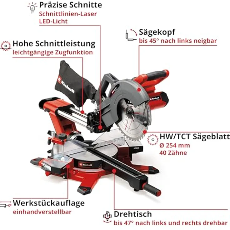 Einhell Kapp- und Gehrungssäge TE-SM 36/10 L Li-Solo, Akku-Zug-Funktion, Laser, LED-Licht – Bild 3