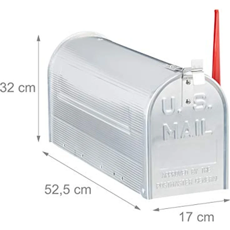 Relaxdays Amerikanischer Briefkasten, Aluminium, Original US Mailbox, Fahne, Nostalgie, HxBxT: 22 x 16,5 x 48 cm, silber – Bild 5