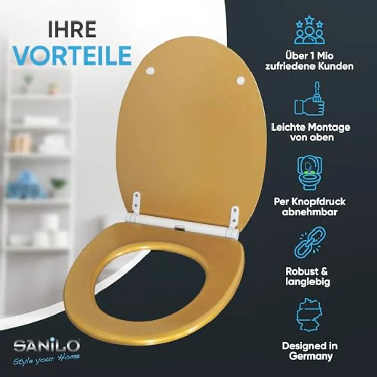 Sanilo WC Sitz Glitzer Gold, Toilettendeckel aus Holz mit Absenkautomatik und antibakterieller Oberfläche, passend für alle WC-Becken – Bild 3