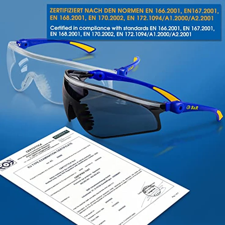 S&R Arbeitsschutzbrille transparente und getönte Sicherheits-Gläser, stoßfest, UV400 Schutz, (2St., 2 tlg. mit einem Reinigungstuch und einer robusten Tasche), verstellbare Bügel, EN 166, Sicherheitsbrillen, Komfort-Line – Bild 4