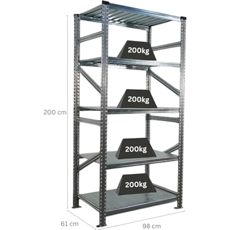 Proregal PROXIMO Metallregal Fachbodenregal, 200 x 90 x 60 cm, Traglast 200 kg, 5 Böden, verzinkter Stahl, schraubenlosem Stecksystem – Bild 2