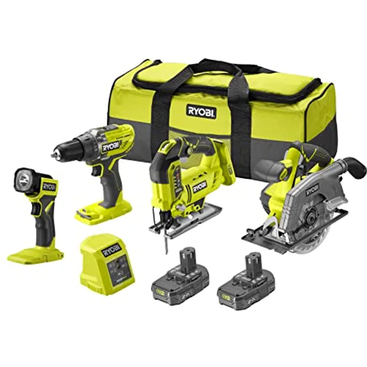RYOBI - Kombination 4 Werkzeuge, 18 Volt, One+: Bohrmaschine + Stichsäge + Kreissäge + LED-Lampe + 2 Akkus 2,0 Ah + Ladegerät – 1 große Transporttasche