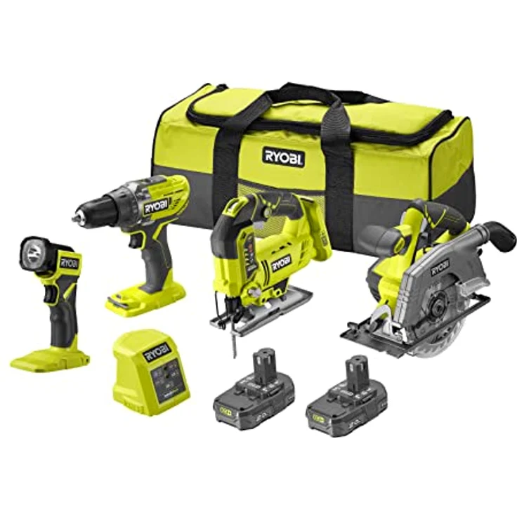 RYOBI - Kombination 4 Werkzeuge, 18 Volt, One+: Bohrmaschine + Stichsäge + Kreissäge + LED-Lampe + 2 Akkus 2,0 Ah + Ladegerät – 1 große Transporttasche – Bild 1