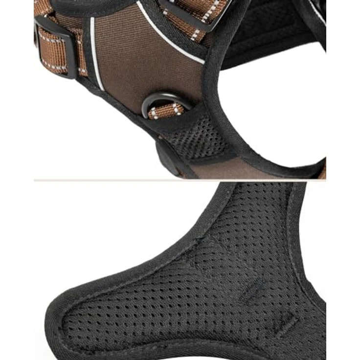 lionto Hundegeschirr gepolstert aus Nylon, Größe L, reflektierend, Anti Zug mit 2 Ringen & 4 Einstellgurten, braun – Bild 5