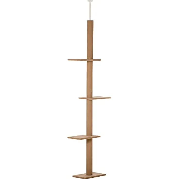 PawHut Kratzbaum Deckenhoch, 228-260 cm Höhenverstellbarer Katzenbaum Kletterbaum für Katzen mit 3 Ebenen, Katzenkratzbaum, Spielbaum vom Boden bis zur Decke Hellbraun