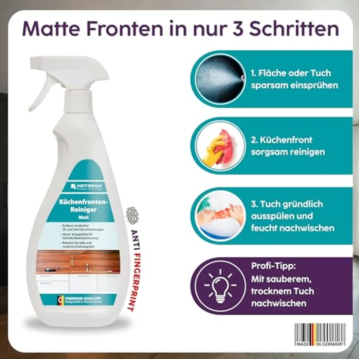 HOTREGA® Küchenfronten Reiniger, Intensivreiniger für matte Oberflächen, streifenfrei, 1500ml – Bild 3