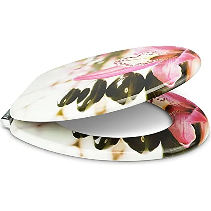 Sanfino WC Sitz Pink Flower, Toilettendeckel aus Holz mit Absenkautomatik und verchromten Metallscharnieren, 43,5 x 37,5 cm – Bild 2