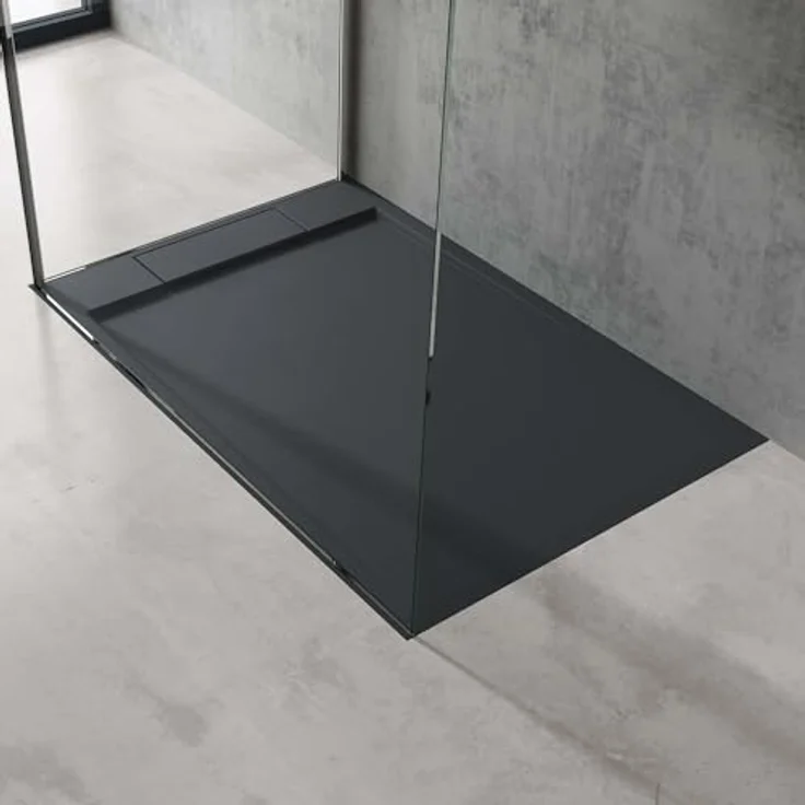 doporro Duschtasse Duschwanne Geoma04A, Mineralguss 90x140x4 cm, anthrazit, bodenebene Montage, integriertes Gefälle – Bild 1