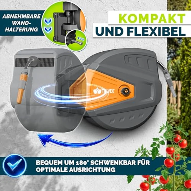 tillvex Schlauchtrommel Wasser mit Wandhalterung, 35m Gartenschlauch, 180° schwenkbar, Handbrause mit 9 Funktionen, Anthrazit/Orange – Bild 2